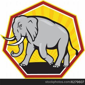 Illustration of an elephant walking charging viewed from side set inside hexagon shape on isolated white background.. Angry Elephant Walking Cartoon