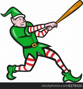 Illustration of an elf baseball player batter hitter batting with bat done in cartoon style isolated on white background.. Elf Baseball Player Batting Isolated Cartoon