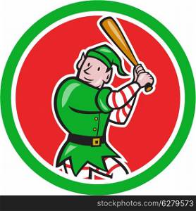 Illustration of an elf baseball player batter hitter batting with bat done in cartoon style set inside cirle isolated on white background.. Elf Baseball Player Bat Circle Cartoon
