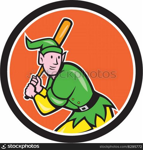 Illustration of an elf baseball player batter hitter batting with bat done in cartoon style set inside circle on isolated background. . Elf Baseball Player Batting Circle Cartoon