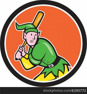 Illustration of an elf baseball player batter hitter batting with bat done in cartoon style set inside circle on isolated background. . Elf Baseball Player Batting Circle Cartoon