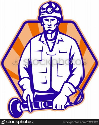 Illustration of an emergency worker holding angle grinder tool facing front done in retro woodcut style.. Emergency Worker With Angle Grinder Tool Retro