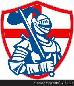 Illustration of an English knight in full armor holding sword with England flag in background done in retro style.. English Knight Hold Sword England Shield Flag Retro