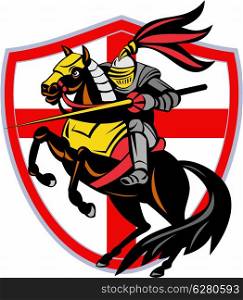 Illustration of an English knight in full armor riding a horse armed with lance and England flag in background done in retro style.. English Knight Lance England Flag Shield Retro