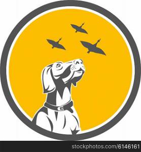 Illustration of an english pointer dog looking up at flying geese set inside circle done in retro style. . English Pointer Dog Looking at Geese Circle Retro