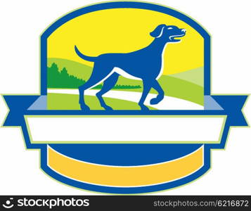 Illustration of an english pointer dog pointing up in a pointer stance with head up tail out and one foot slightly raised with grass and trees in the background viewed from the side set inside shield crest and banner ribbon in the bottom done in retro style. . English Pointer Dog Pointing Up Crest Retro