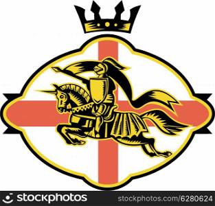 Illustration of an Englsih knight riding horse with lance and shield facing front with England flag in background done in retro woodcut style.&#xA;