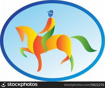Illustration of an equestrian rider riding horse dressage viewed from the side set inside oval shape on isolated background done in retro style. . Equestrian Rider Dressage Oval Retro