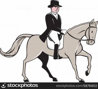 Illustration of an equestrian rider wearing tophat riding horse dressage viewed from the side set on isolated white background done in cartoon style. . Equestrian Rider Dressage Cartoon