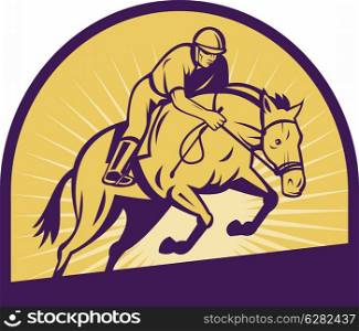 illustration of an equestrian show jumping with horse with sunburst in the background.. equestrian show jumping with horse