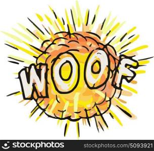 Illustration of an explosion and the word text WOOF set on isolated white background done in cartoon style. . Explosion Woof Cartoon