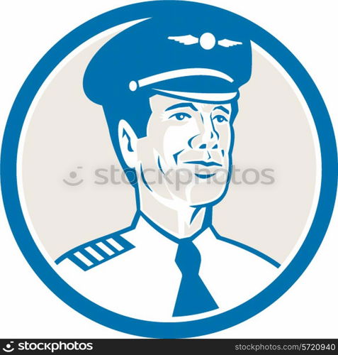 Illustration of an flight engineer, navigator , airline aircraft pilot or aeronautical aviator looking to front set inside circle on isolated background with done in retro style.
