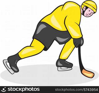 Illustration of an ice hockey player with hockey stick playing in action viewed from the side set on isolated white background done in cartoon style.. Ice Hockey Player With Stick Cartoon