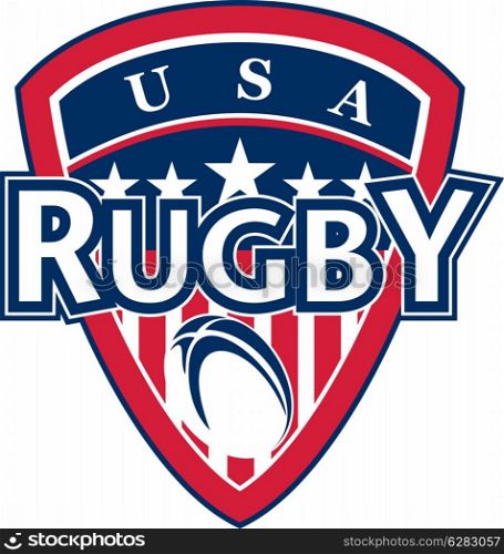 "illustration of an icon showing a american shield with stars and stripes and rugby ball with words "rugby usa""