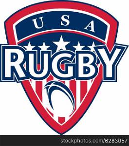 "illustration of an icon showing a american shield with stars and stripes and rugby ball with words "rugby usa""