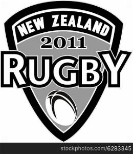 "illustration of an icon showing a shield and rugby ball with words "rugby new zealand 2011""