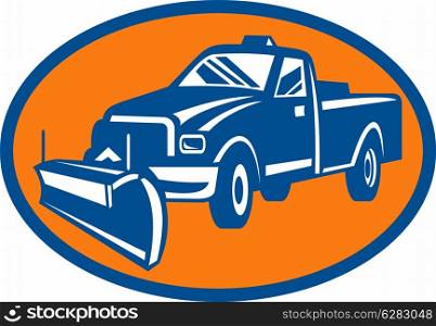 illustration of an icon with Snow plow pick-up truck inside oval. Snow plow pick-up truck inside oval