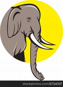 Illustration of an Indian elephant head with tusks viewed from side on isolated background set inside circle done in cartoon style.. Indian Elephant Head Cartoon