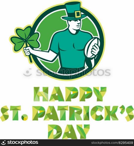 "Illustration of an Irish rugby player wearing top hat running with the ball holding shamrock clover leaf set inside circle with text "Happy St. Patrick&rsquo;s Day" done in retro style."