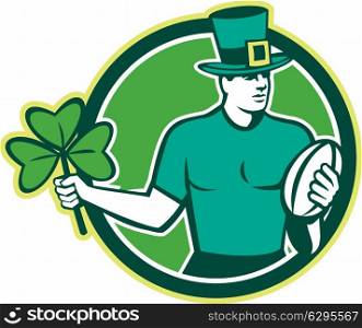 Illustration of an Irish rugby player wearing top hat running with the ball holding shamrock clover leaf set inside circle done in retro style.. Irish Rugby Player Holding Shamrock