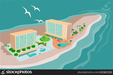Illustration of an island beach resort done in retro style. . Island Beach Resort