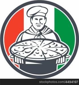 Illustration of an italian chef, cook baker serving pizza platter facing front set inside circle with italy flag in the background done in retro style.