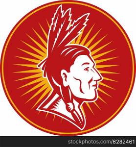 illustration of an native American indian chief with three feathers side view. native American indian chief