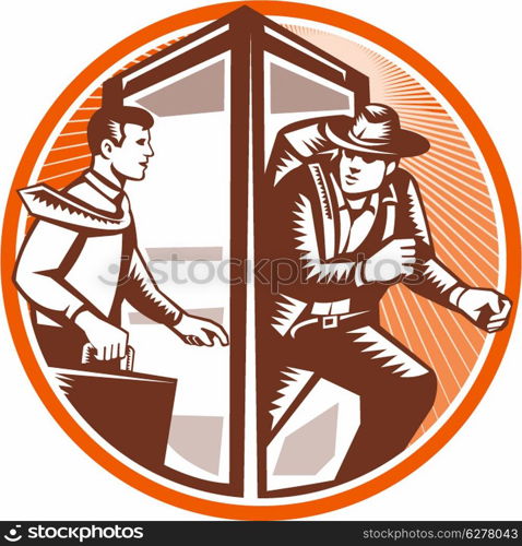 Illustration of an office worker businessman carrying attache case walking into phone booth changing coming out as an adventurer explorer archaeologist with backpack done in retro woodcut style set inside circle.. Businessman Phone Booth Adventurer Explorer Archaeologist