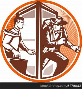 Illustration of an office worker businessman carrying attache case walking into phone booth changing coming out as an adventurer explorer archaeologist with backpack done in retro woodcut style set inside circle.. Businessman Phone Booth Adventurer Explorer Archaeologist