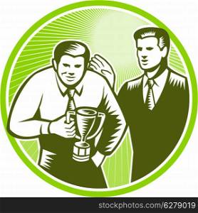 Illustration of an office worker businessman facing front winning trophy cup patted in back by supervisor leader done in retro woodcut style set inside circle.. Officer Worker Winning Trophy Woodcut