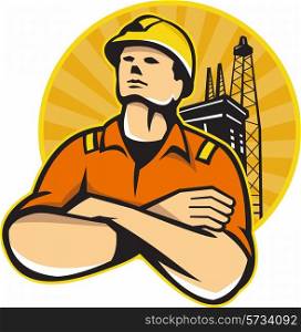 Illustration of an offshore oil and gas worker with arms crossed looking with oil rig in background set inside circle done in retro style.