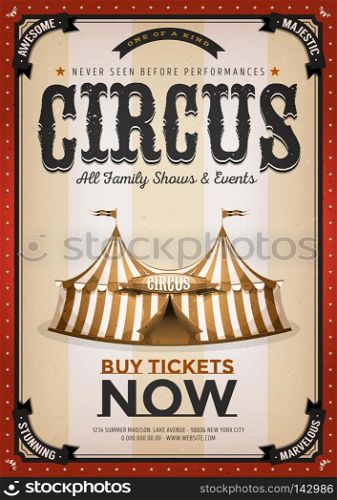 Illustration of an old-fashioned vintage circus poster, with big top, design elements and grunge textured background. Vintage Golden Circus Background. Vintage Golden Circus Background