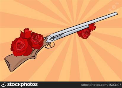 Illustration of an old rifle with roses. Pop art. Vector element for your design. . Illustration of an old rifle with roses. Pop art.