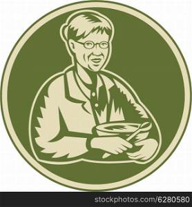 Illustration of an old senior mature woman granny grandmother cooking with mixing bowl facing front done in retro woodcut style set inside circle.