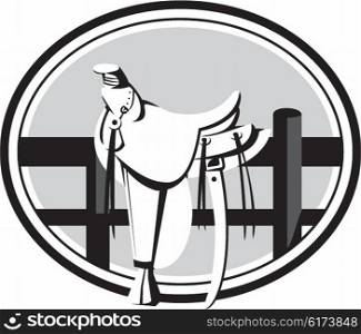 Illustration of an old style western saddle sitting on ranch fence set inside oval shape in black and white done in retro style. . Old Style Western Saddle on Fence Oval Black and White