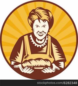 illustration of an old woman presenting a freshly baked loaf of bread set inside a circle.. Grandma granny baker cook loaf bread