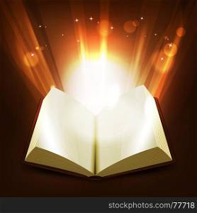 Illustration of an opened book illuminating with light rays and shiny bright magic light rays rising from the pages. Holy And Magic Book