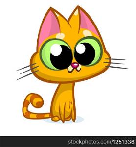 Illustration of an orange striped cat with big eyes sitting and smiling. Cute kitty vector logo