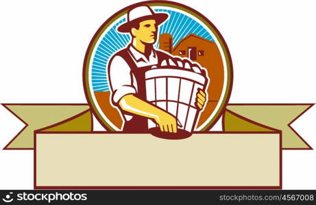 Illustration of an organic farmer carrying basket of harvest crops looking to the side set inside circle and ribbon with barn and sunburst in the background done in retro style. . Organic Farmer Harvest Basket Circle Ribbon Retro