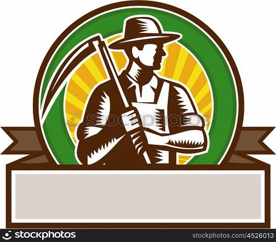Illustration of an organic farmer farm worker wearing hat holding scythe looking to the side set inside circle and banner with sunburst in the background done in retro woodcut style.. Organic Farmer Holding Scythe Circle Woodcut
