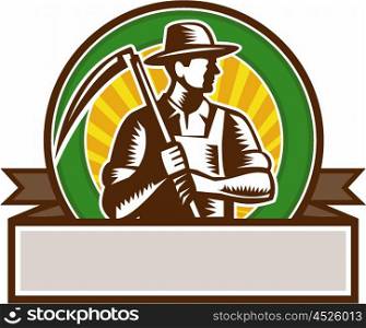 Illustration of an organic farmer farm worker wearing hat holding scythe looking to the side set inside circle and banner with sunburst in the background done in retro woodcut style.. Organic Farmer Holding Scythe Circle Woodcut