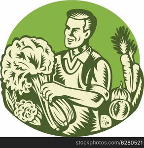 Illustration of an organic farmer green grocer harvesting green leafy vegetables set inside circle done retro woodcut style.