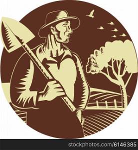 Illustration of an organic farmer holding shovel on shoulder looking to the side set inside circle with farm orchard in the background done in retro woodcut style.. Organic Farmer Holding Shovel Farm Circle Woodcut