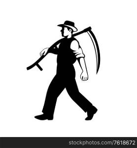 Illustration of an organic farmer, horticulturist, agriculturist or gardener with scythe walking viewed from side done in retro black and white style on isolated background.. Organic Farmer Walking with Scythe Viewed from Side Retro Black and White
