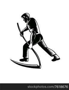 Illustration of an organic farmer, horticulturist, agriculturist or gardener working with scythe viewed from rear done in retro black and white style on isolated background.. Organic Farmer Working with Scythe Viewed from Rear Retro Black and White