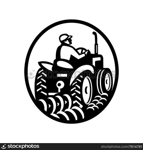 Illustration of an organic farmer plowing field with vintage tractor viewed from the rear set inside oval done in retro Monochrome style on isolated white background.. Organic Farmer Plowing Field With Vintage Tractor Oval Retro Monochrome