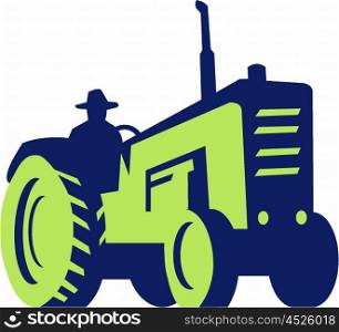 Illustration of an organic farmer wearing hat driving vintage farm tractor viewed from low angle set on isolated white background done in retro style. . Organic Farmer Driving Vintage Farm Tractor