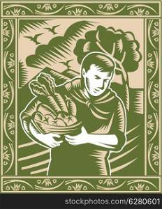 Illustration of an organic farmer with basket full of fruits and vegetables done in retro woodcut style.