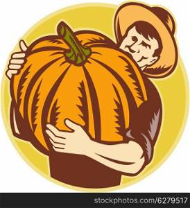 Illustration of an organic farming holding up a giant pumpkin done in retro woodcut style.&#xA;