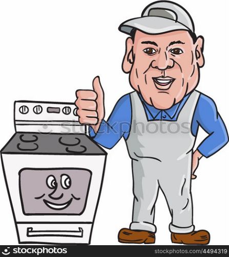 Illustration of an oven cleaner technician wearing hat and overalls thumbs up facing front with oven on the side set on isolated white background done in cartoon style. . Oven Cleaner With Oven Thumbs Up Cartoon